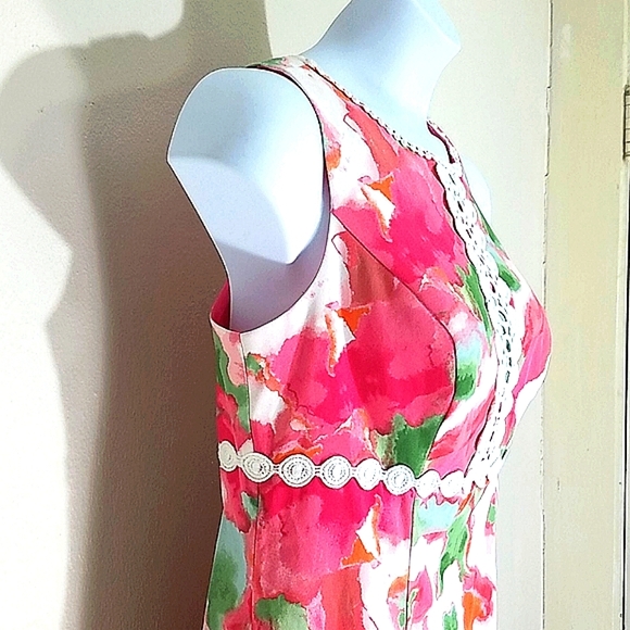 Sundress Lined Floral Print stretch midi lace trim Pink White Zipper Sheath EUC - Picture 4 of 9